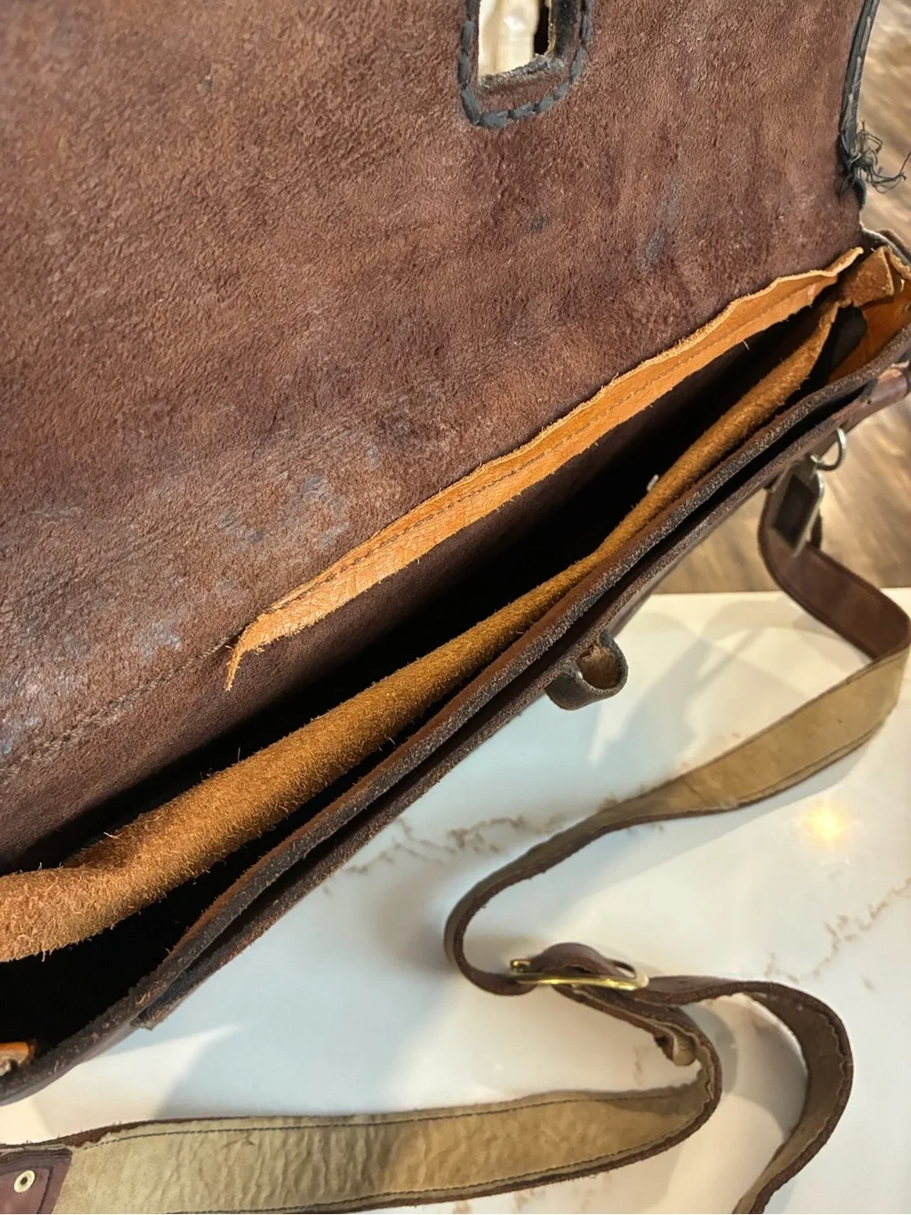Handcrafted Brown & Tan Leather Messenger Bag with Antler Accent